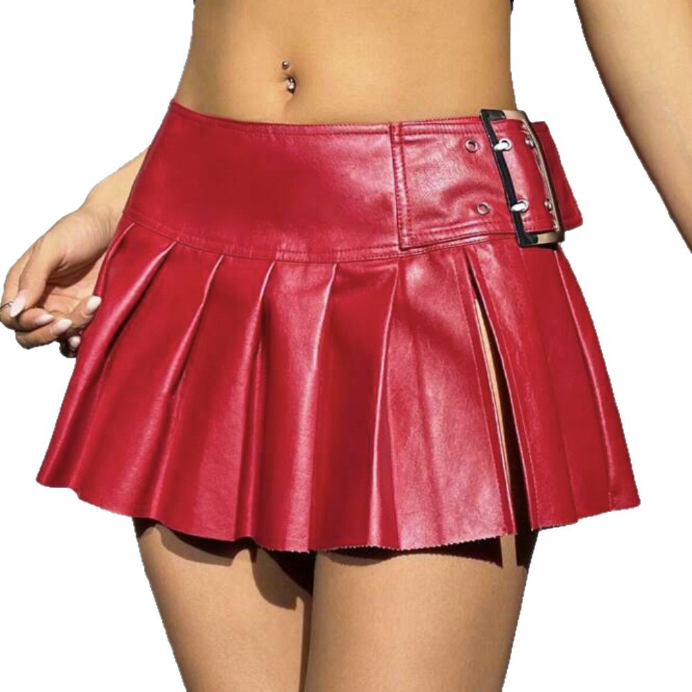 OM-2025 New Slim-Fit PU Leather Pleated Skirt Women's Versatile Half Skirt